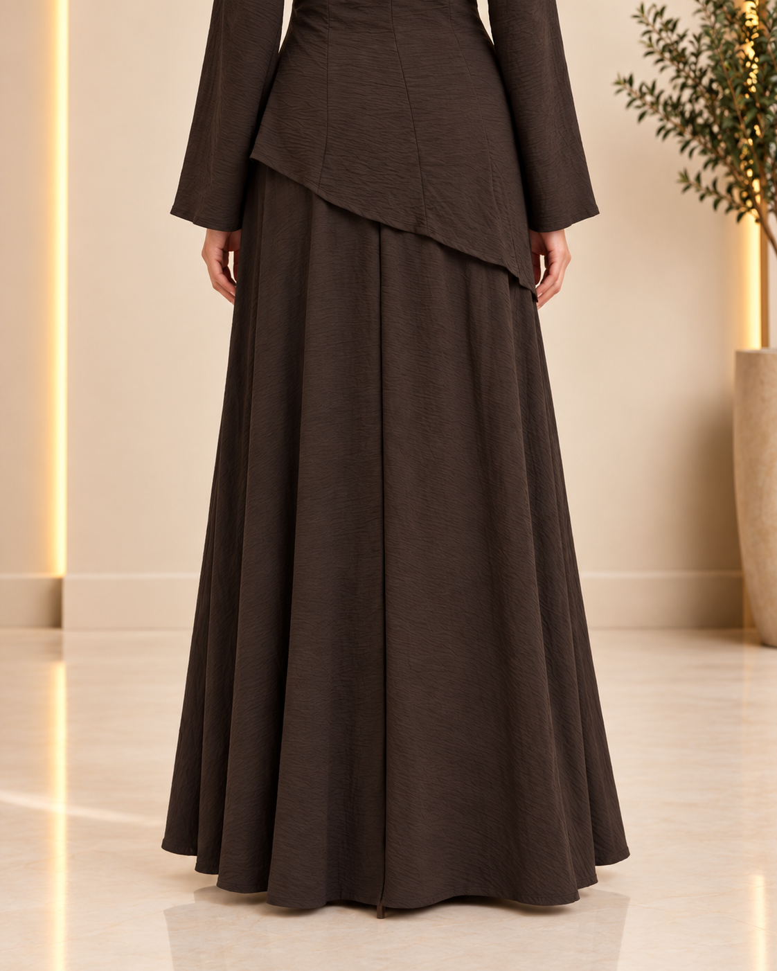 Back skirt seam and drape detail
