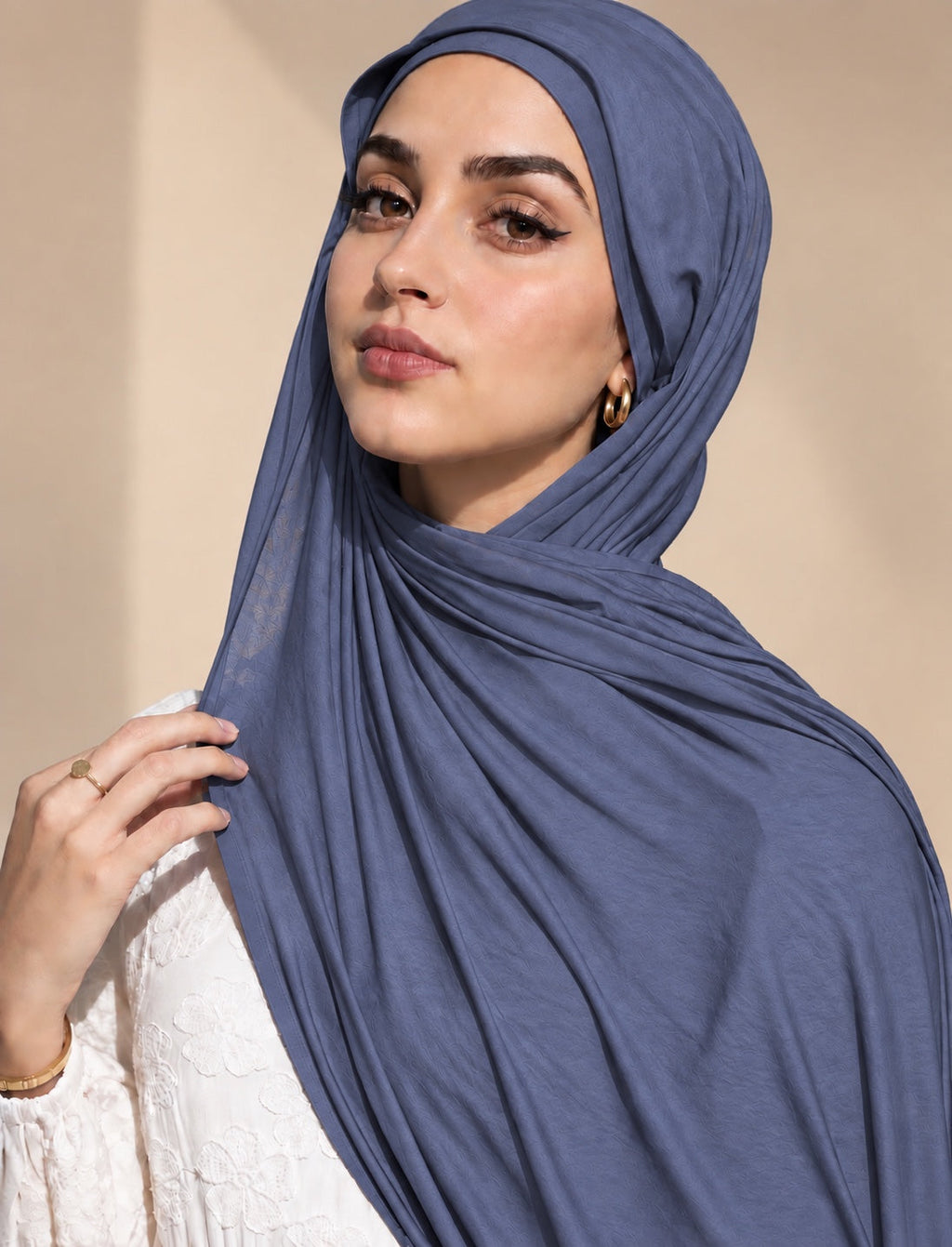 Dusty Blue Jersey Hijab styled on model