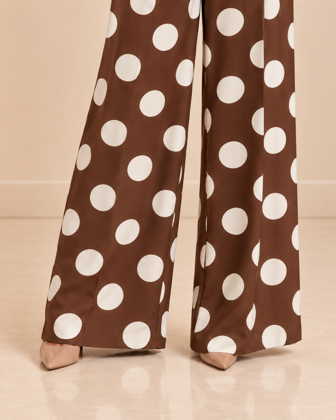 Brown polka dot trousers wide leg and hem detail