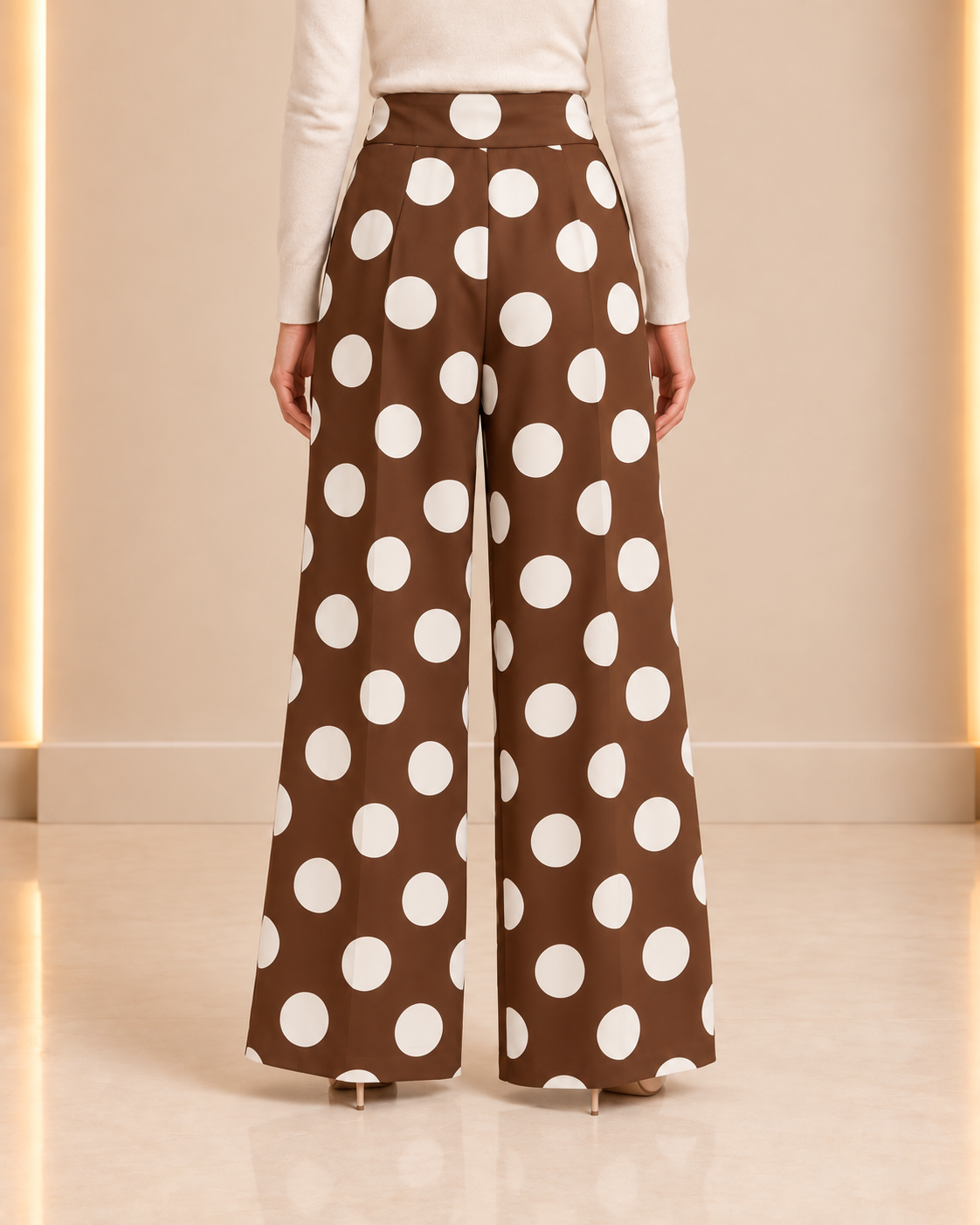 Brown polka dot wide-leg trousers back view