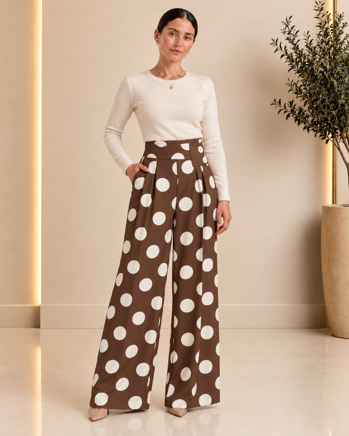 Brown polka dot high-waist wide-leg trousers front view