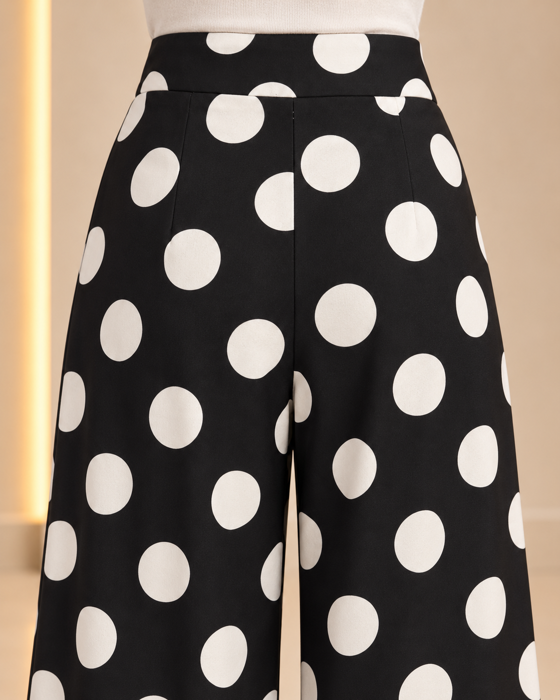 Polka dot pants back waistband and seam detail