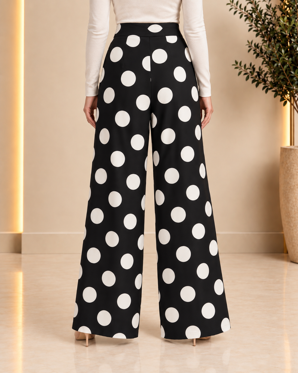 Black and white polka dot wide-leg pants back view