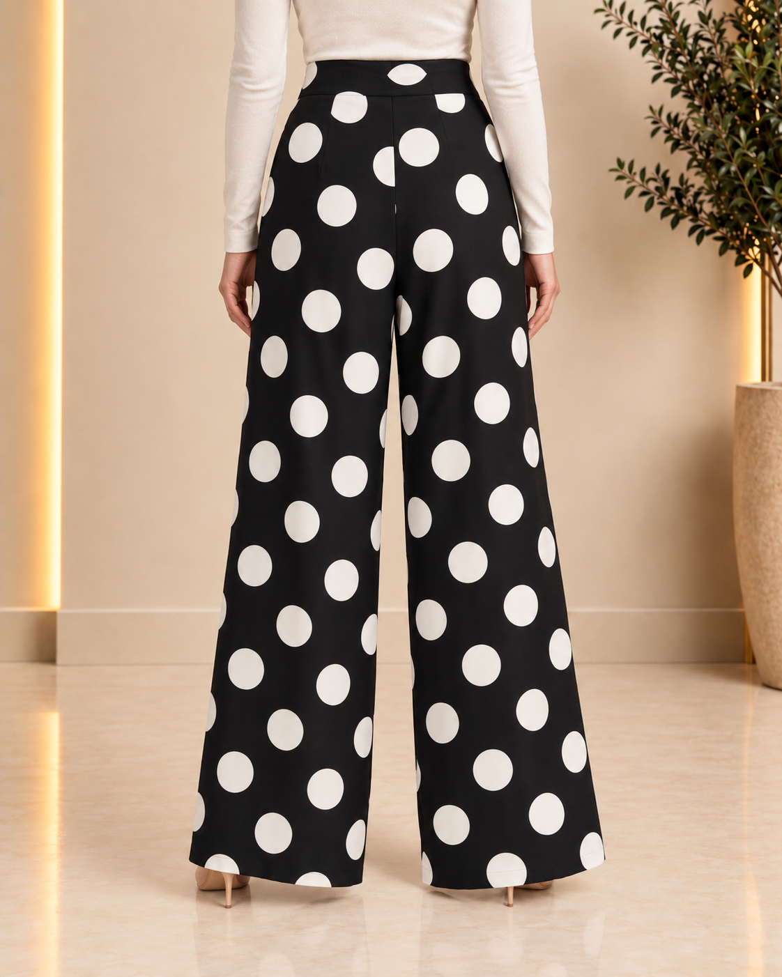Black and white polka dot wide-leg pants back view