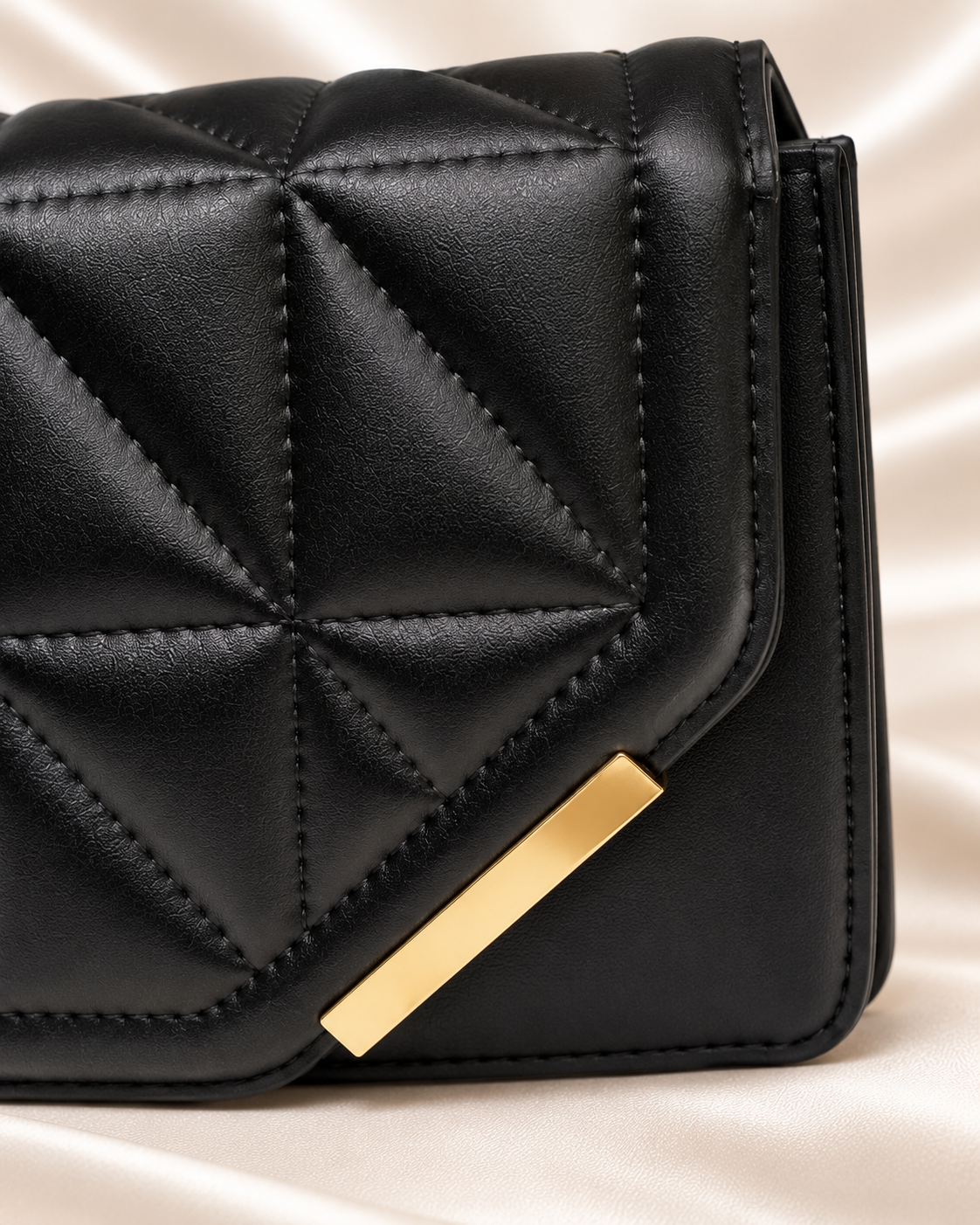 Black quilted bag flap edge detail