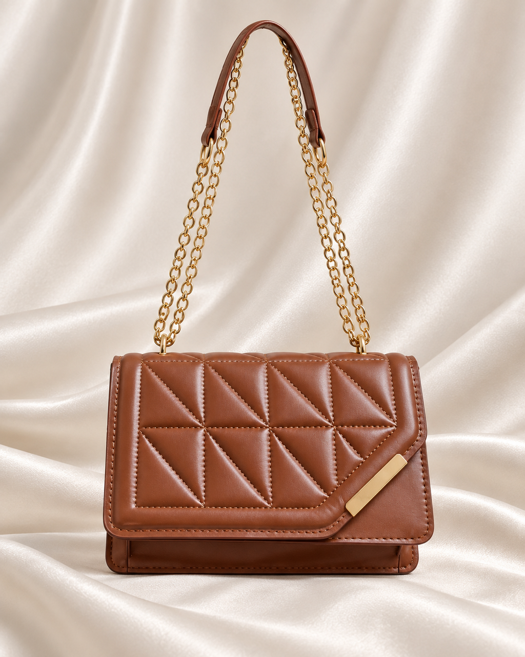 Brown geometric quilted chain shoulder bag
