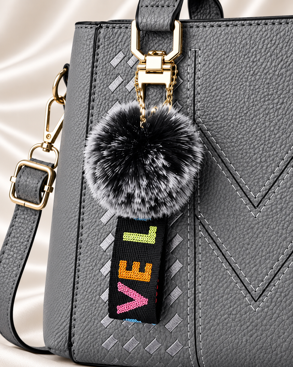 Gray handbag pom pom charm detail
