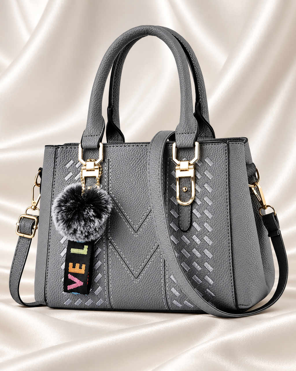 Gray woven handbag front view