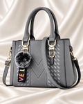 Gray woven handbag front view