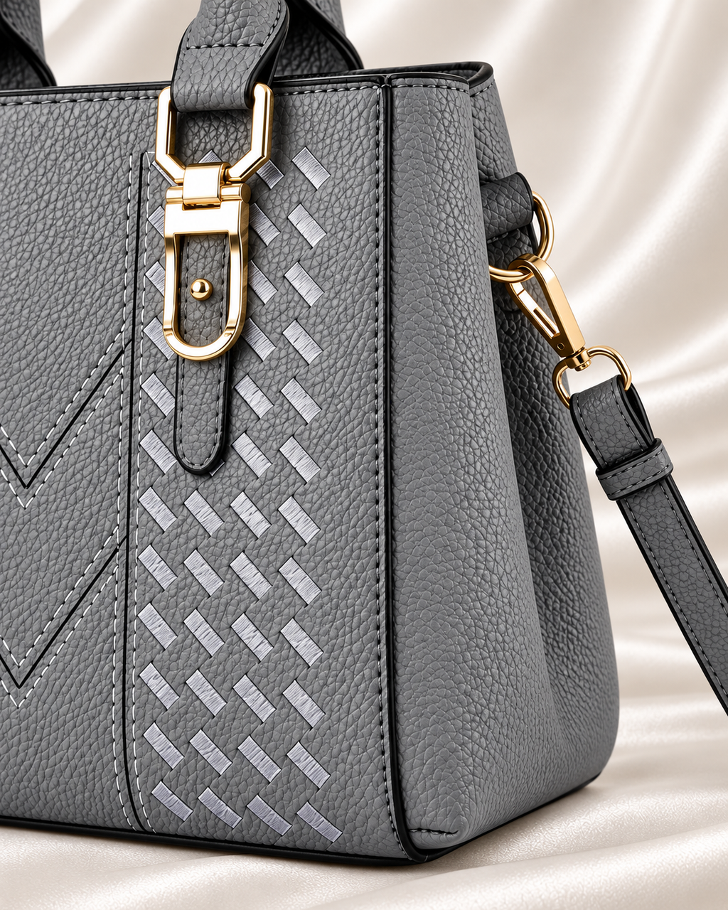Gray handbag structured side panel detail