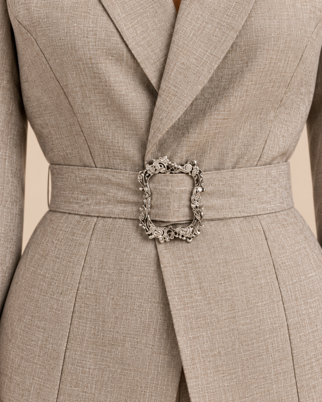 Ornate silver buckle and waist belt detail