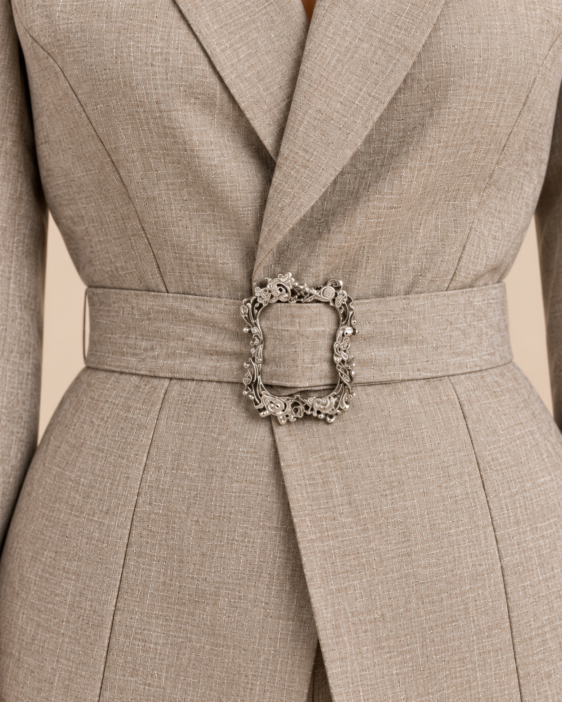 Ornate silver buckle and waist belt detail