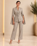 Greige tailored belted blazer and trousers front view