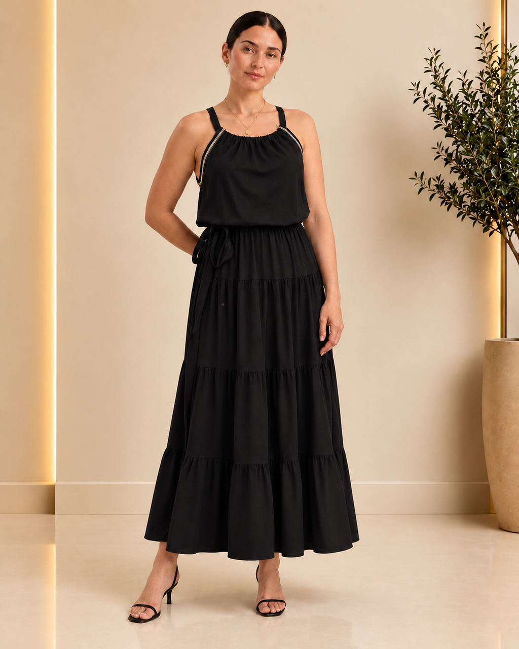 Embellished Tiered Black Maxi Dress - Front