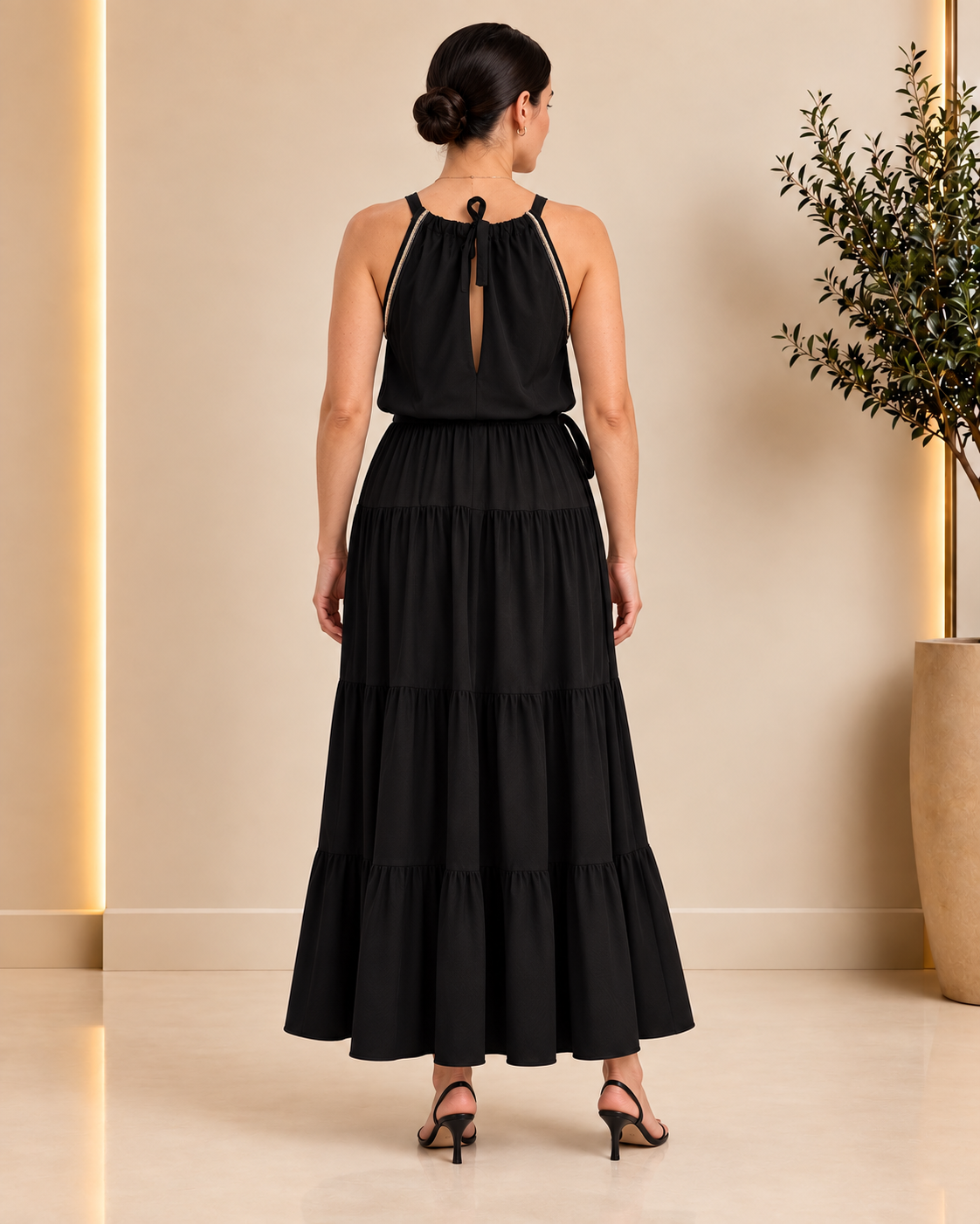 Embellished Tiered Black Maxi Dress - Back