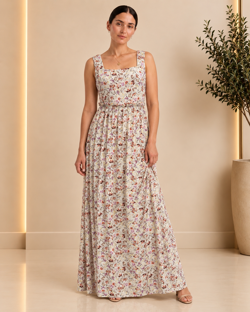 Front view of Floral Cross-Back Maxi Dress