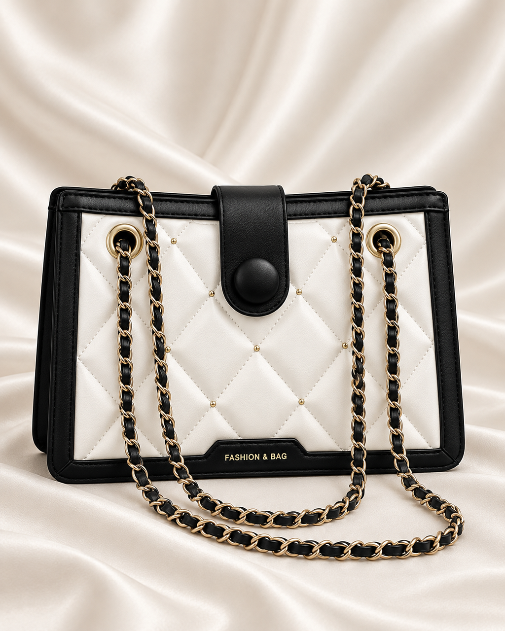 Ivory and black quilted chain bag main view