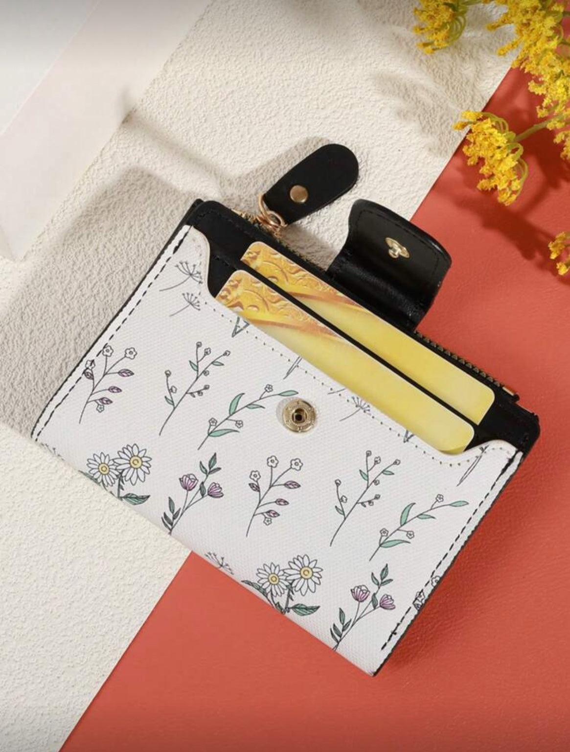 Ivory floral compact wallet exterior card pocket detail