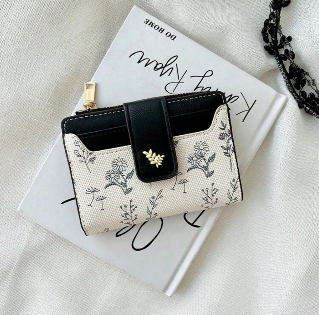 Ivory floral compact wallet front view