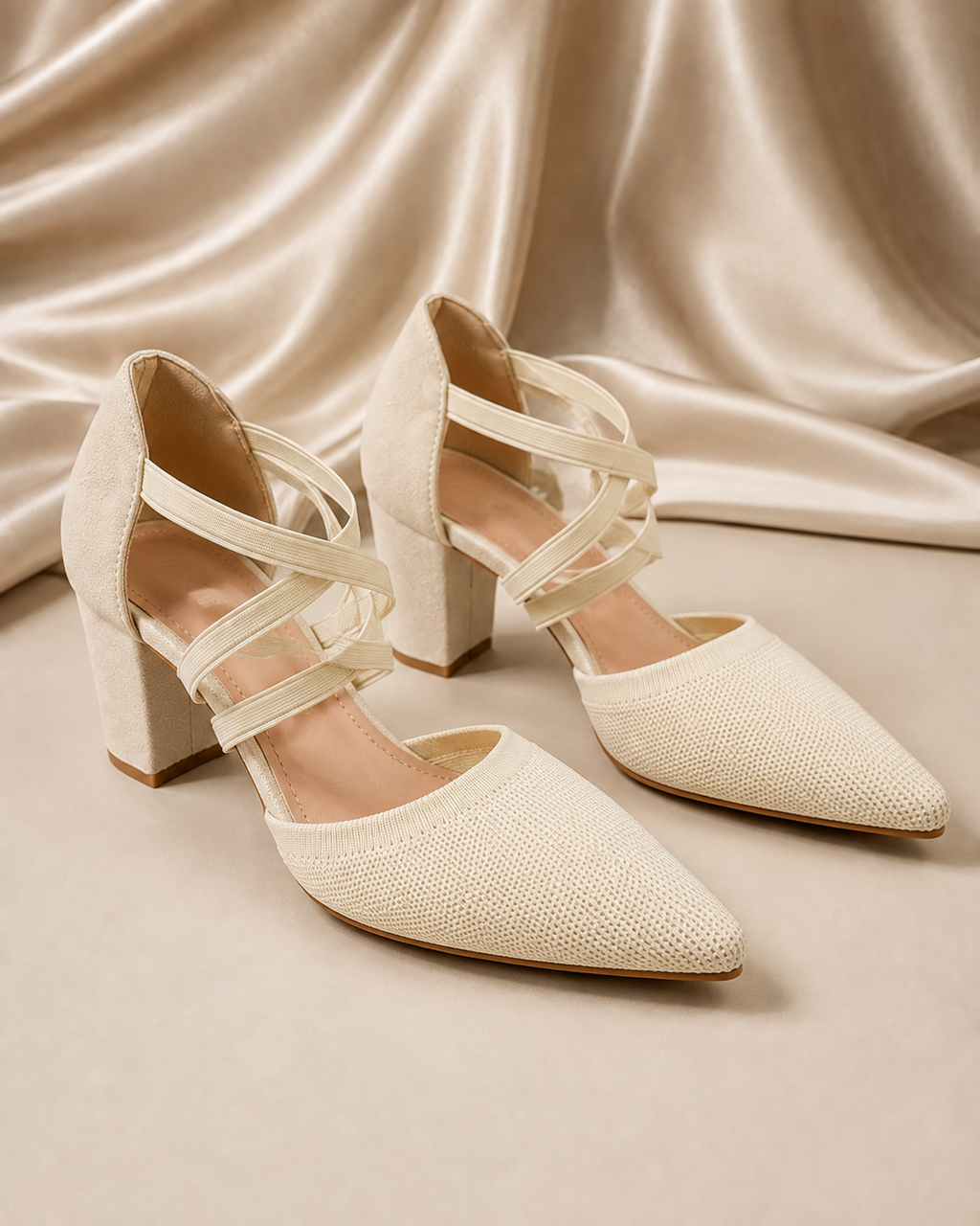 Ivory knit pointed-toe block heels