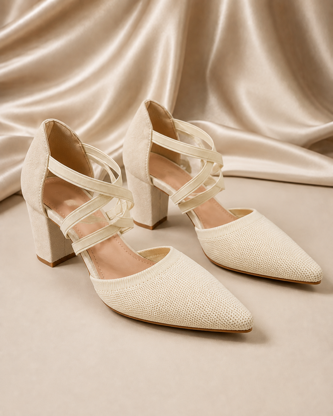 Ivory knit pointed-toe block heels