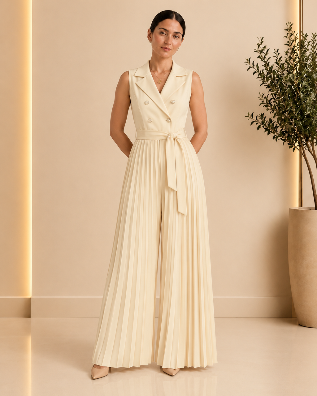 Ivory Pleated Tailored Jumpsuit front view
