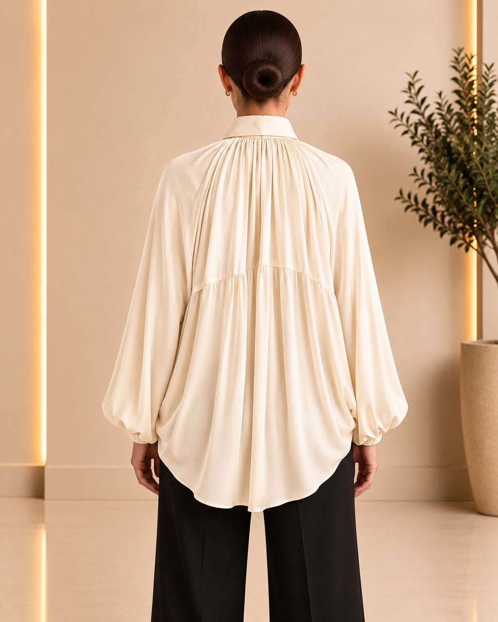 Ivory Pleated Ring-Zip Blouse back view