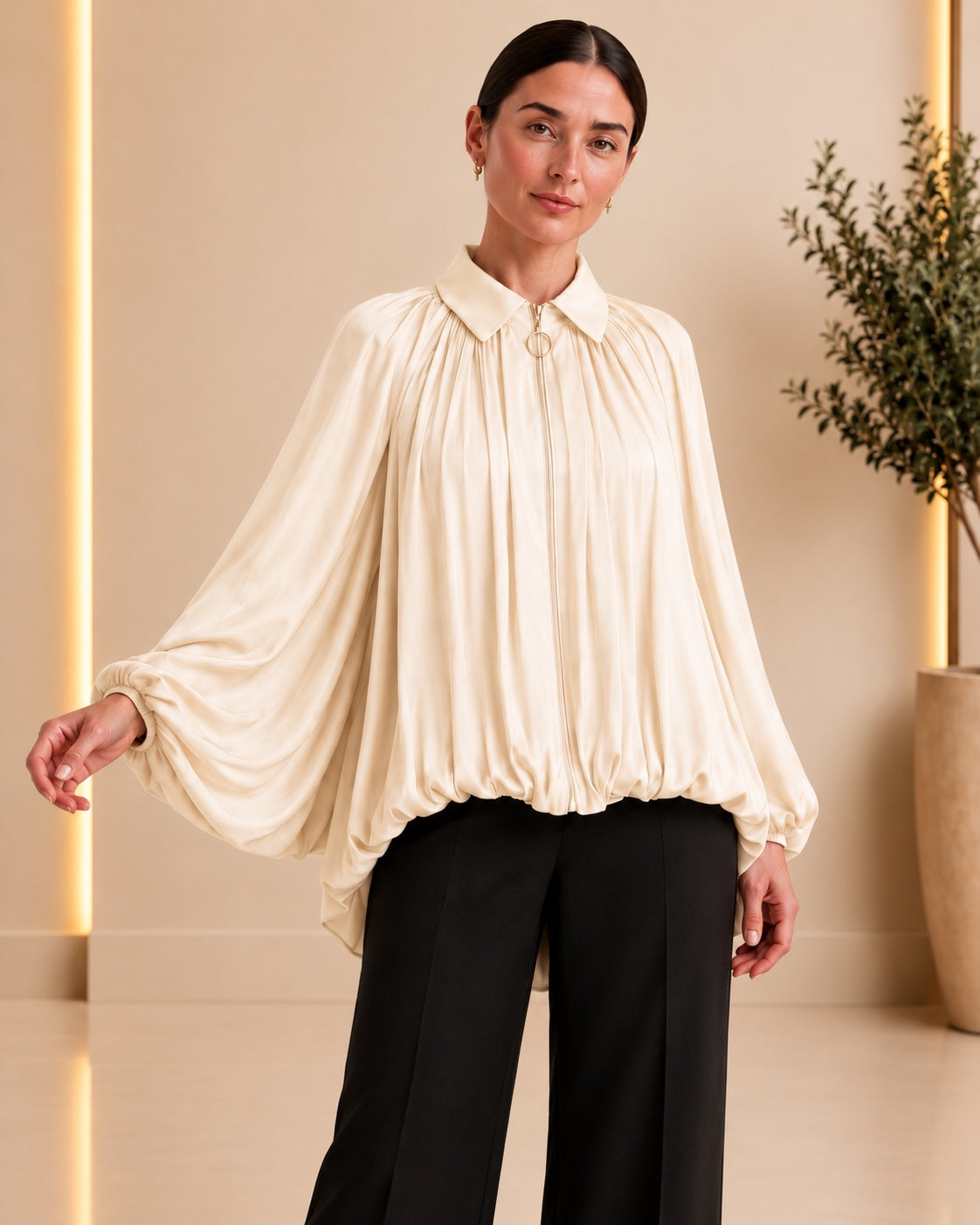Ivory Pleated Ring-Zip Blouse front view