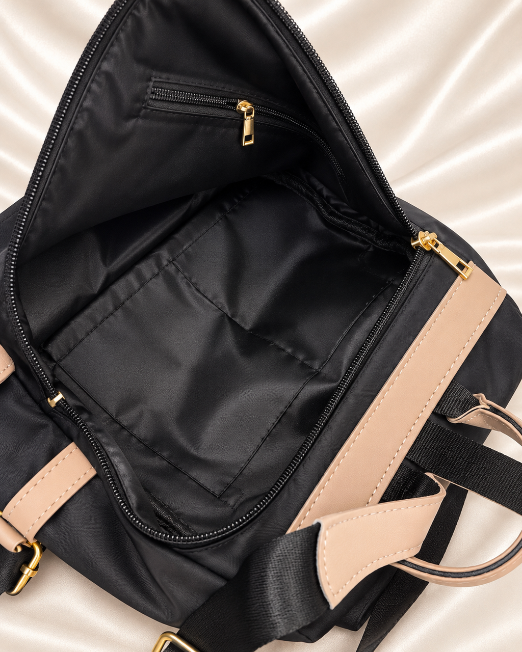 JINGPIN backpack open interior compartment and zipper pocket detail