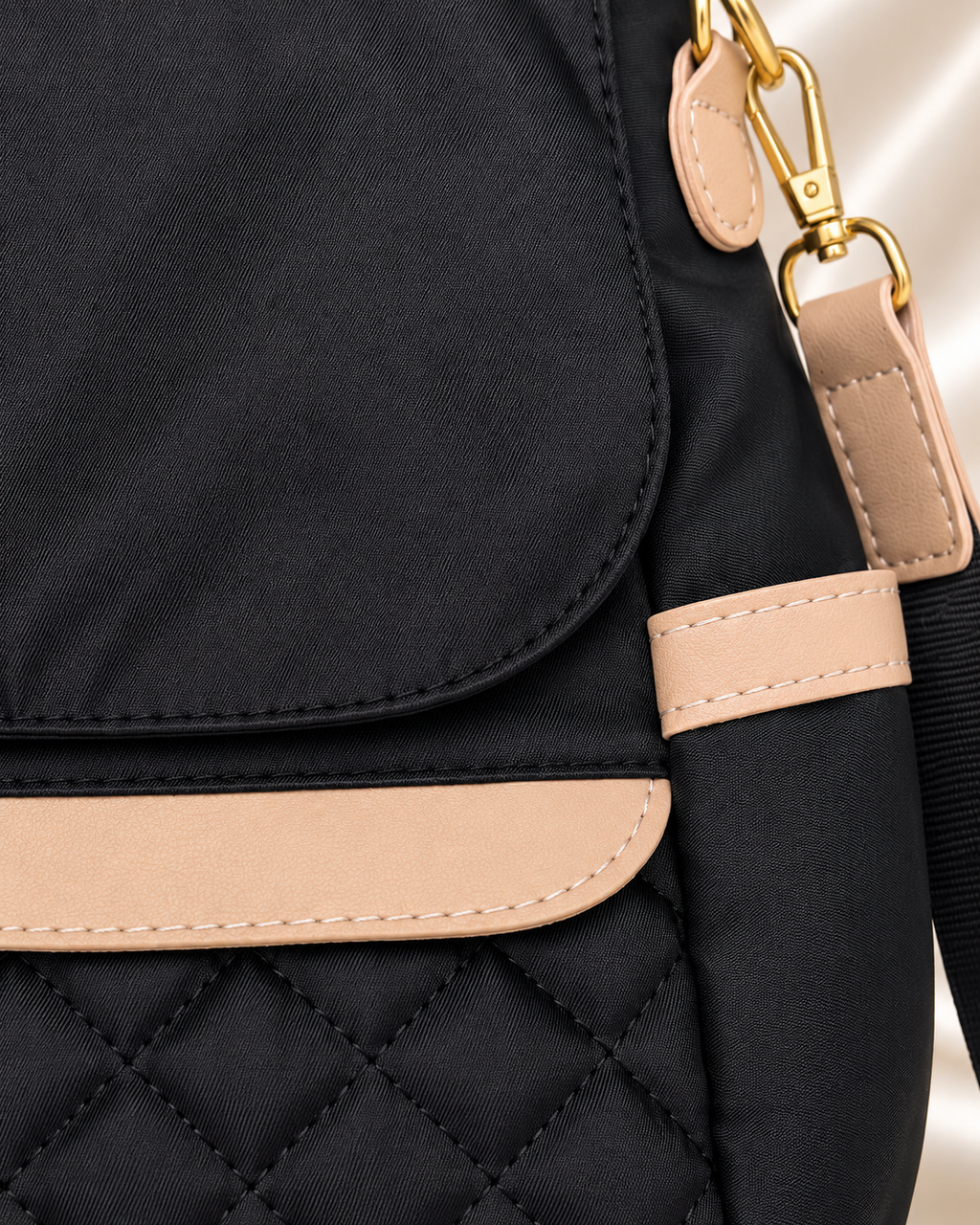 JINGPIN backpack black fabric beige trim and quilted stitching detail