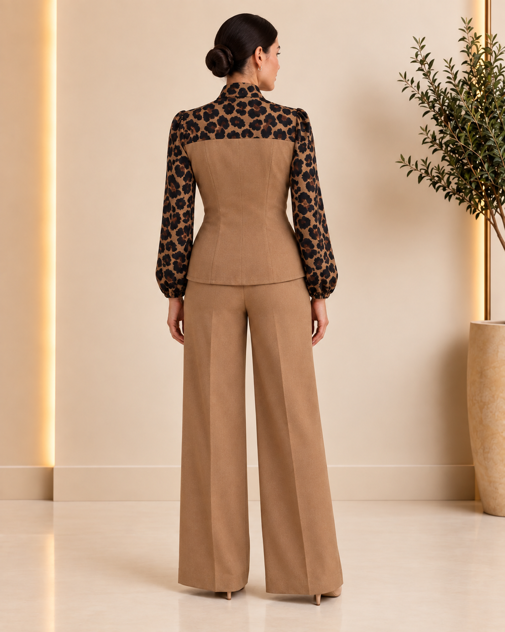 Leopard camel tailored set back view