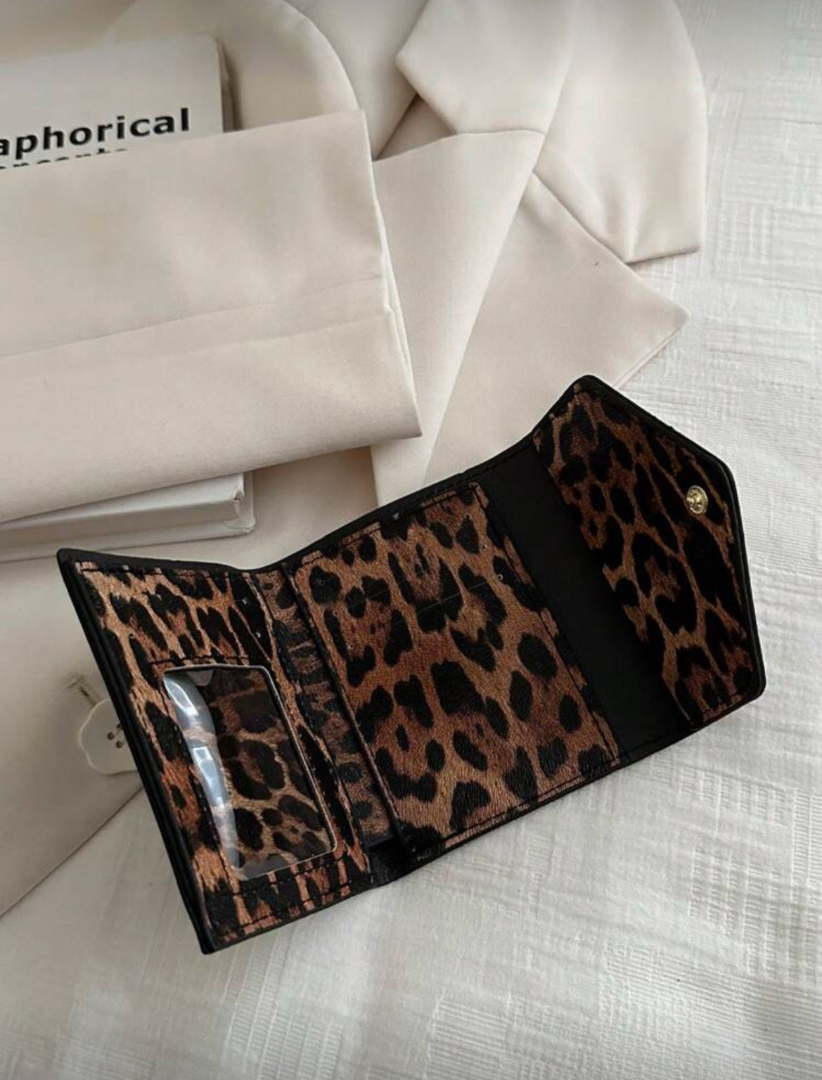 Leopard print envelope wallet open interior with card slots