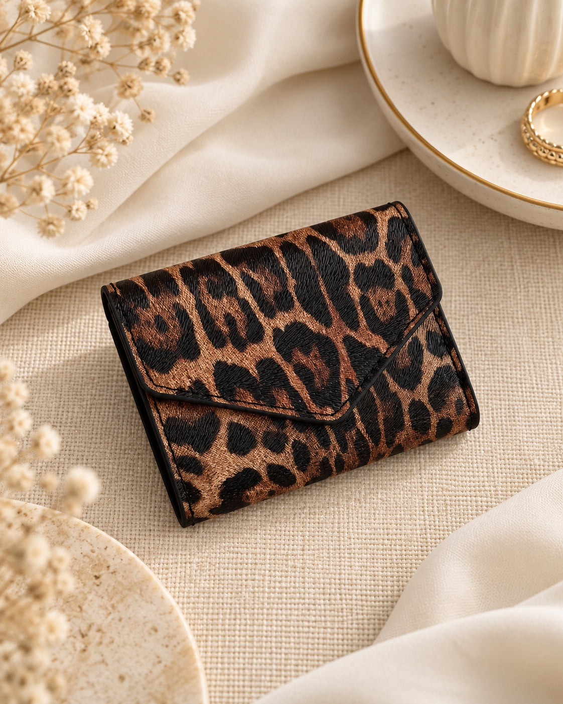 Leopard print envelope wallet styled product photo