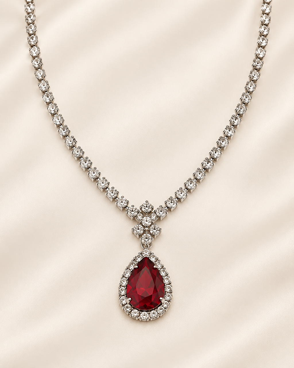 Matching red crystal necklace detail
