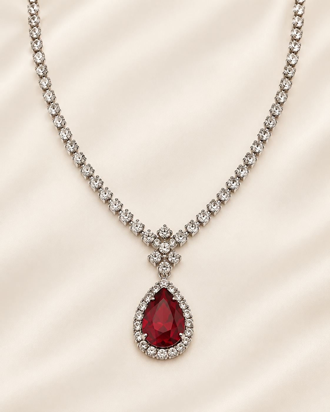 Matching red crystal necklace detail