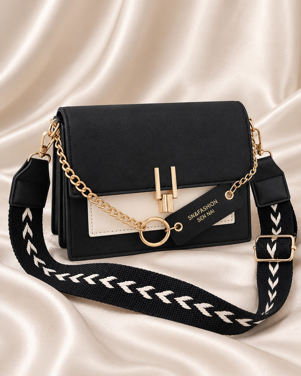 Monochrome Chain-Detail Crossbody Bag