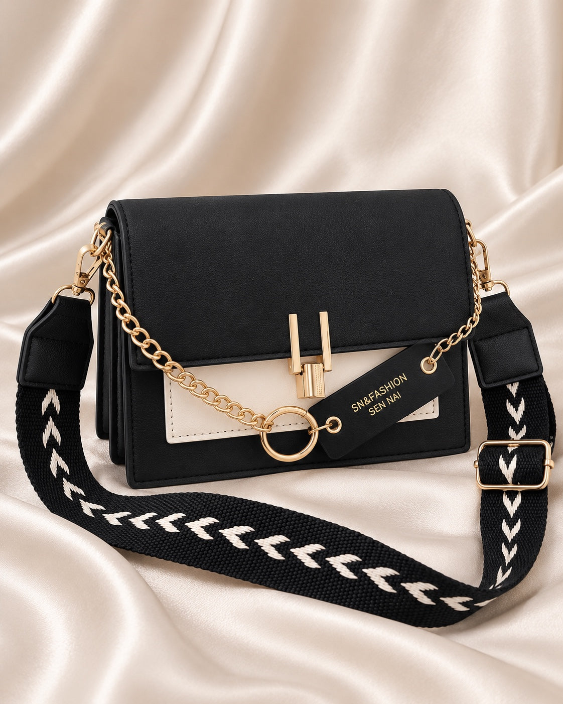 Monochrome Chain-Detail Crossbody Bag