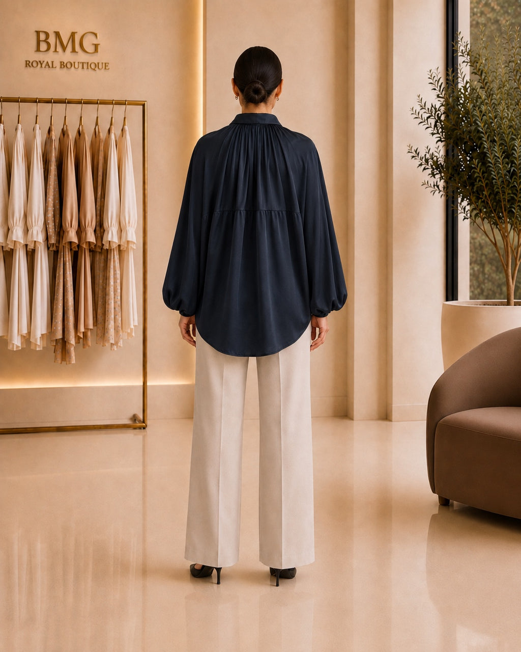 Navy gathered blouse back view