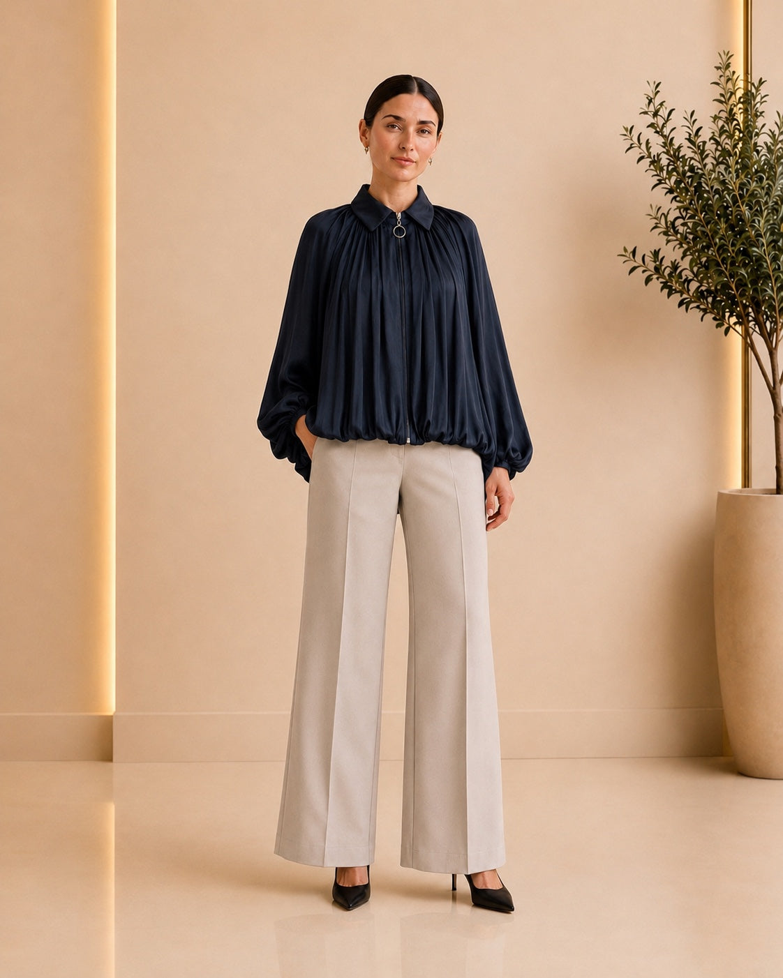 Navy gathered blouse front view