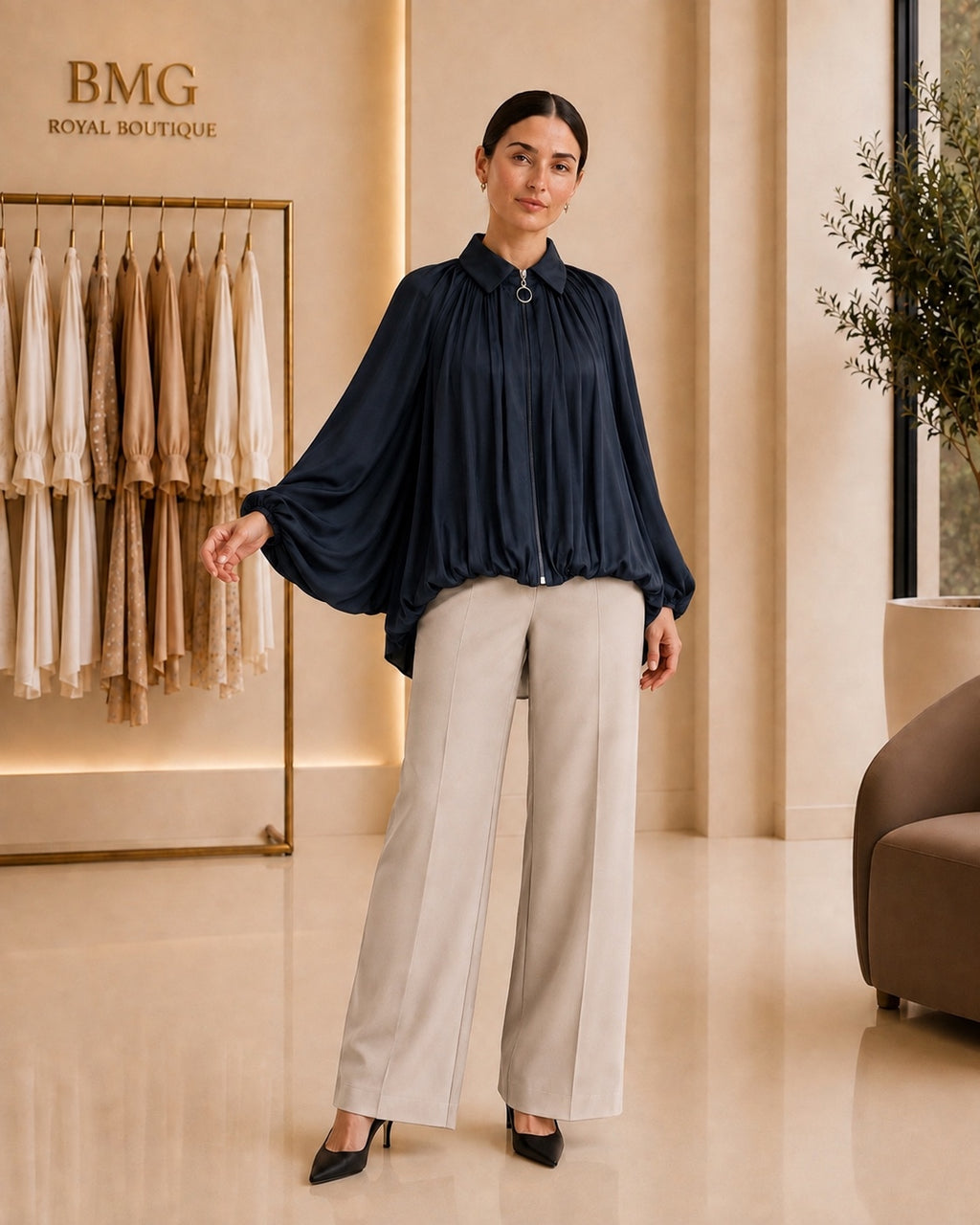 Navy gathered blouse balloon sleeve detail