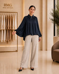 Navy gathered blouse balloon sleeve detail