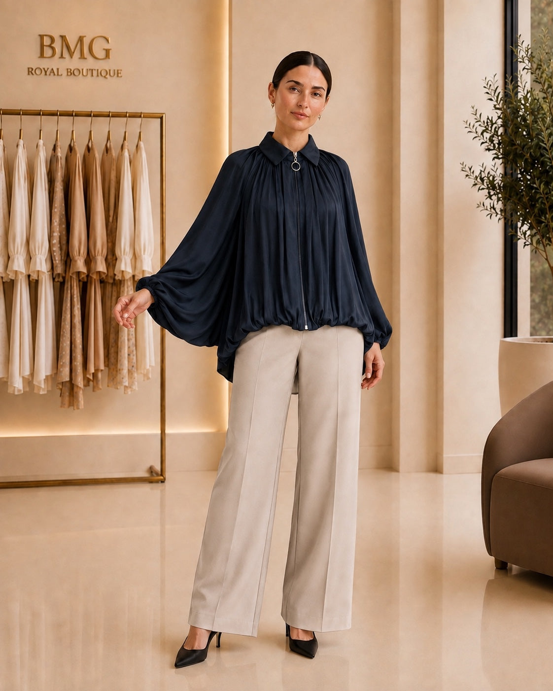 Navy gathered blouse balloon sleeve detail