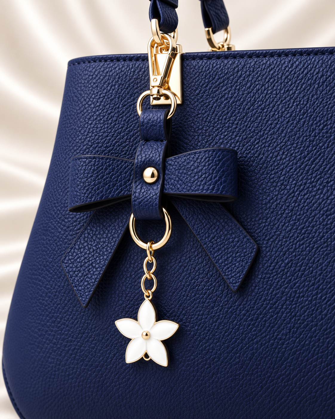Navy handbag bow and flower charm detail