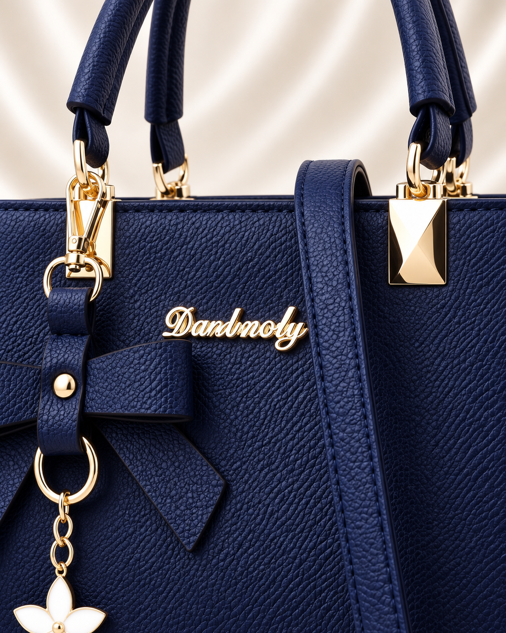 Navy handbag front closure and logo detail
