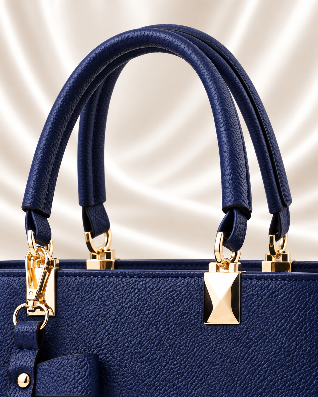 Navy handbag top handles and gold hardware detail