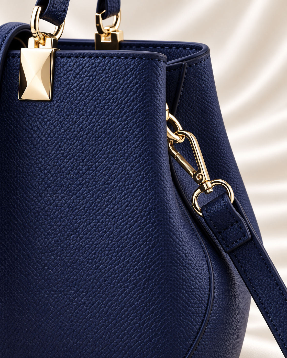 Navy handbag side panel and shoulder strap hardware detail