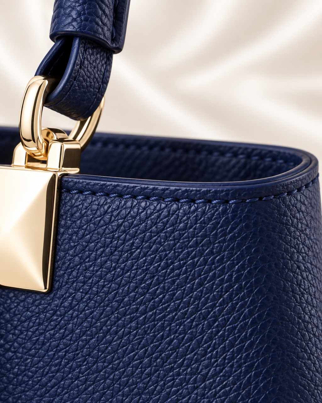 Navy handbag pebbled texture and stitching detail