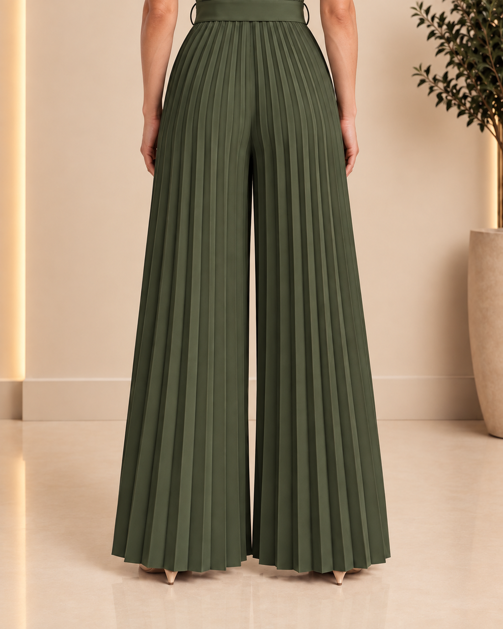 Olive green jumpsuit back pleated trouser leg detail