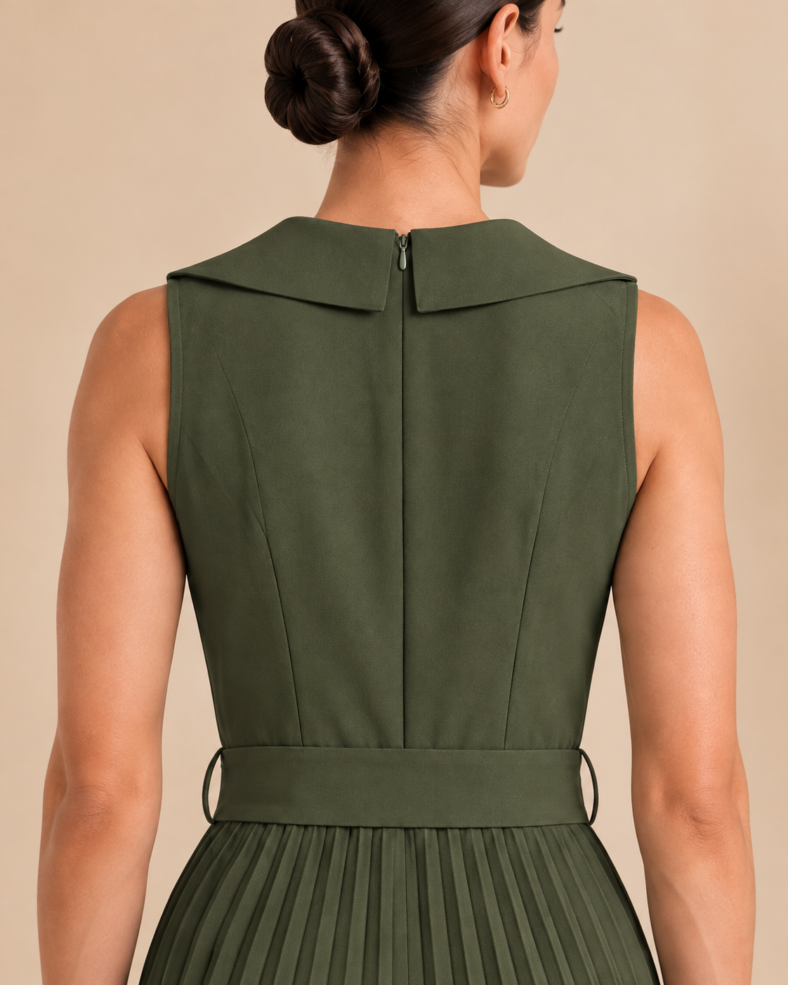 Olive green jumpsuit back seam and panel detail