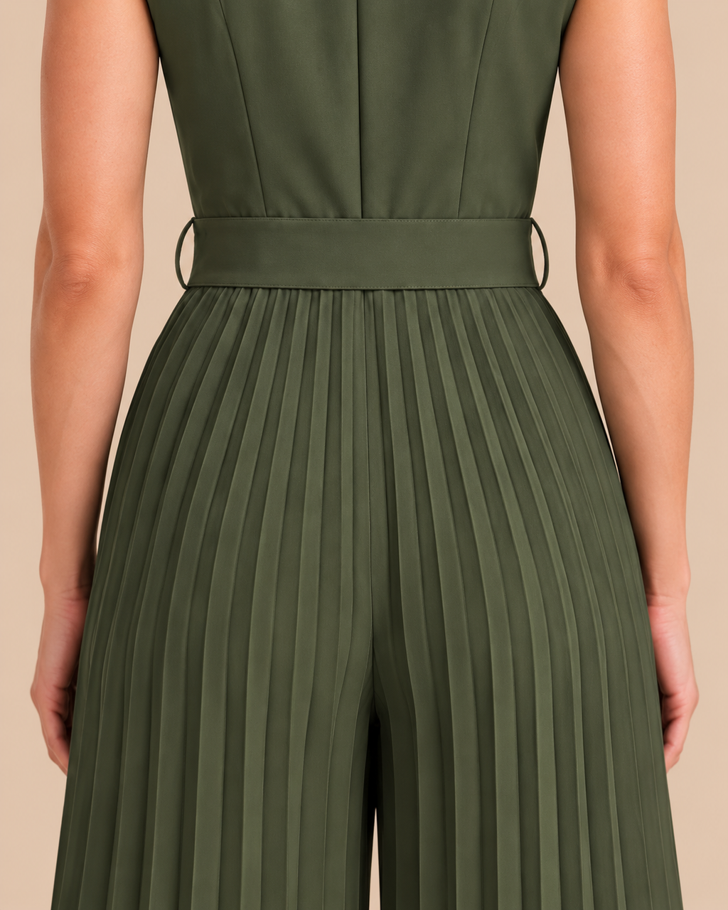 Olive green jumpsuit back waistband and pleat detail